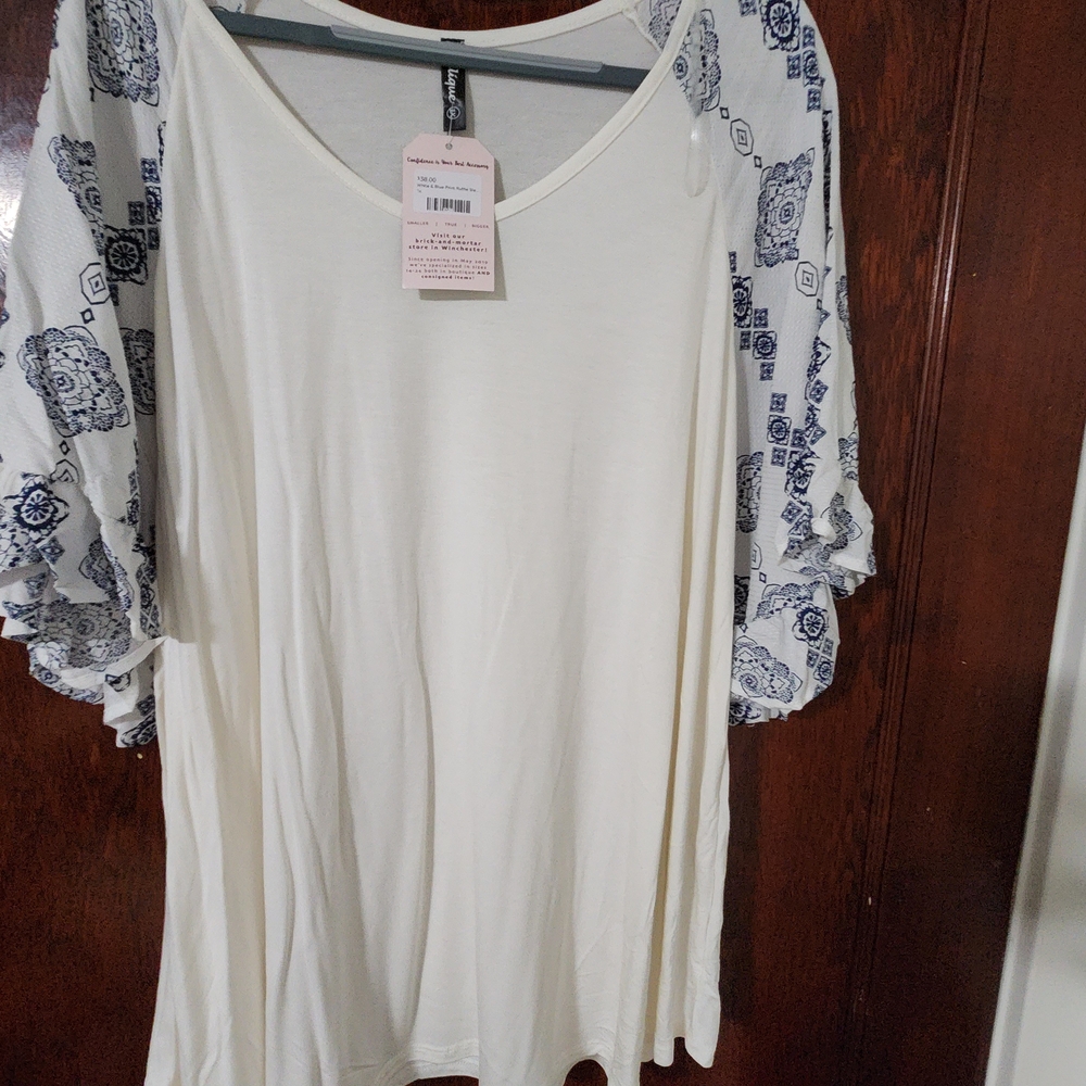 Chic White Blouse with Blue Patterned Sleeves